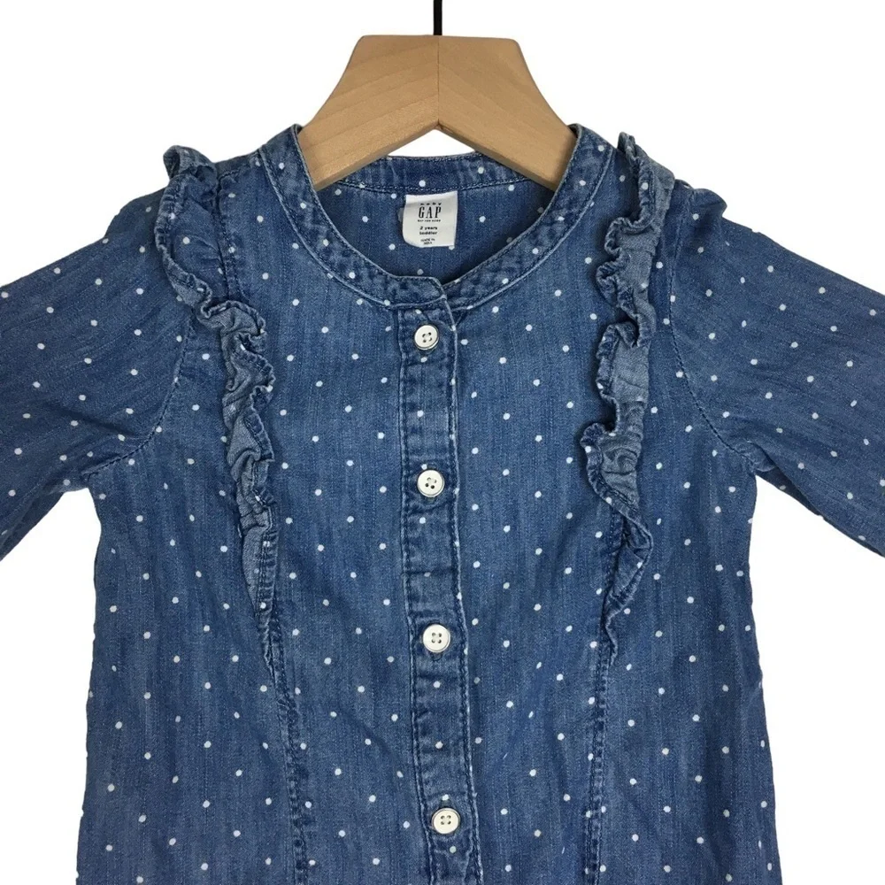 GAP Baby Polka Dot Chambray Dress Ruffle Long Sleeve Button Front Denim Size 2T